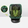 A green car seat with a black headrest, shown on a white background. A circular inset highlights the harness buckle. Produktbild-Vorschau