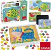 A collage of a children's mosaic toy set, featuring different animal designs and colorful pegs. Podgląd zdjęcia produktu