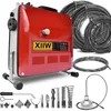 A red and gray pipe cleaning machine with various attachments and coiled pipes. Produktbild-Vorschau
