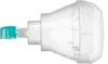 A close-up, side view of a clear plastic medical device with a blue cap. Voir les images du produit