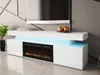 A modern white TV stand with a built-in electric fireplace and blue LED lighting, displaying a television and decorative spheres. Náhľad obrázku produktu