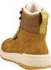A rear view of a brown leather boot with a white sole and yellow accents. Voir les images du produit