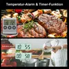 Collage of a grill thermometer and food, and a person cooking. Produktbild-Vorschau