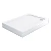 A white rectangular shower tray with a silver drain cover is shown from a diagonal angle against a white background. Produktbild-Vorschau