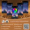 Multiple app screens showing lighting controls and features, with a QR code and feature descriptions at the bottom. Produktbild-Vorschau
