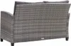 The back view of a grey rattan two-seater garden sofa with dark grey cushions. Náhľad obrázku produktu