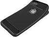 A black phone case with a carbon fiber texture on the top and bottom edges, and a brushed metal texture on the main body. The Apple logo is visible in the center. Produktbild-Vorschau