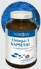 A bottle of Norsan Omega-3 fish oil capsules is shown against a blue, circular background with a school of fish. Produktbild-Vorschau