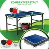 A diagram showing a compact, foldable table tennis table with dimensions and accessories. Produktbild-Vorschau