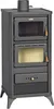 A freestanding wood-burning stove with a glass-fronted oven and a drawer at the bottom. Produktbild-Vorschau