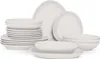 A collection of white ceramic plates and bowls stacked and arranged on a white background. Voir les images du produit