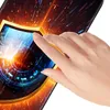 A hand is touching a screen displaying a shield with an eye inside, set against a background of abstract light streaks. Anteprima dell’immagine prodotto