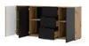 A modern sideboard with a wood grain finish and black drawer fronts, shown with its doors open. Podgląd zdjęcia produktu
