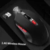 A black wireless mouse with red accents is shown on a dark, textured surface. A USB receiver and a wireless signal icon are also visible. Podgląd zdjęcia produktu