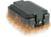 A black fireproof document box with flames around the base, on a white background. Produktbild-Vorschau