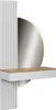 A modern white vanity table with a wooden top and a round LED mirror. Produktbild-Vorschau