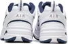 The back view of a pair of white Nike Air Monarch IV sneakers with navy accents. Produktbild-Vorschau