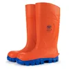 A pair of bright orange and blue work boots are shown against a white background. Produktbild-Vorschau