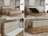 A collage of images showing a boxspring bed with storage, a close-up of the headboard, and a detail of the mattress and frame. Produktbild-Vorschau