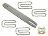 A chainsaw bar and four chains are laid out on a white background, with a quality seal in the corner. Produktbild-Vorschau