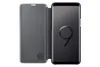 A black Samsung Galaxy S9 smartphone with a flip case cover, shown from the front with the case open. Produktbild-Vorschau