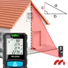 A laser distance measurer is shown in front of a house, with a red laser beam illustrating its measurement capabilities. A diagram of a right triangle is also present, indicating its use in angle measurements. Anteprima dell’immagine prodotto