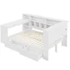 A white bed frame with integrated storage, shelving, and a desk. Náhled obrázku produktu