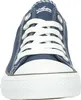 A close-up front view of a navy blue canvas sneaker with white laces and a white rubber sole. Produktbild-Vorschau