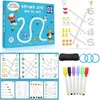A collage of educational materials for children, including a box of stroke line dot-to-dot cards, practice sheets, dry-erase markers, and an eraser. Podgląd zdjęcia produktu