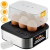 An egg cooker filled with eggs, with inset images showing different stages of cooked eggs. Náhled obrázku produktu