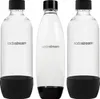 Three clear SodaStream bottles with black bases and caps are arranged side-by-side against a white background. Produktbild-Vorschau