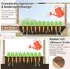 Diagrams illustrating the drainage and soil design of a raised garden bed, with carrots being watered. Produktbild-Vorschau