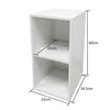 A white two-shelf storage cabinet with dimensions indicated. Produktbild-Vorschau