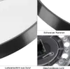 A collage of close-up images showing details of a black LED ceiling light, including its frame, acrylic shade, and internal components with LEDs. Produktbild-Vorschau