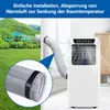 A split image showing a portable air conditioner unit connected to a window vent on the right, and a close-up of the vent cover on the left, with a scenic outdoor view in the background. Produktbild-Vorschau