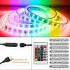 A collage showing LED light strips, a USB controller, and a remote control with German text labels. Produktbild-Vorschau