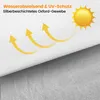 A close-up of white fabric with yellow arrows and a sun graphic indicating UV protection and water repellency. Produktbild-Vorschau