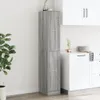 A tall, narrow cabinet with a gray wood grain finish stands in a room, next to a white countertop and cabinets. Produktbild-Vorschau
