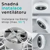 Collage showing the installation of a fan on different ceiling angles and a close-up of its internal components. Náhled obrázku produktu