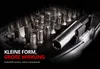 A close-up, dramatic shot of a set of screwdriver bits and a socket wrench, with text overlays. Produktbild-Vorschau