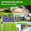 Collage of images showing a raised garden bed, a balcony, a terrace, and an entrance area, with text overlays describing features and locations. Produktbild-Vorschau