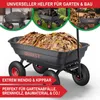 A collage of images showing a garden cart filled with different materials, with text overlays highlighting its features and uses. Produktbild-Vorschau