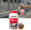 A hand is shown painting a metal railing with a brush, with two containers of Wurth anti-corrosion coating in the foreground and midground. A close-up of a rusty wheel hub is also visible. Produktbild-Vorschau