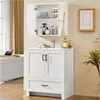 A white bathroom vanity with a medicine cabinet above it, set in a well-lit bathroom. Produktbild-Vorschau