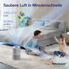 A father and daughter are playing on the floor in a bedroom, with an air purifier running in the foreground. Produktbild-Vorschau