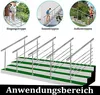 Collage showing different applications of a stainless steel stair railing, including entrance stairs, indoor stairs, and outdoor stairs, with a diagram of the railing on steps. Náhled obrázku produktu