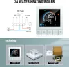 A collage showing a thermostat, its wiring diagram, and packaging. Voir les images du produit