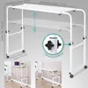 A white adjustable overbed table with wheels, shown in a close-up and two lifestyle shots. Anteprima dell’immagine prodotto
