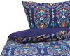A close-up view of a dark blue duvet cover and pillowcase with a colorful, intricate pattern. Náhled obrázku produktu