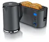 A gray electric kettle and a gray toaster with bread are displayed on a white reflective surface. Produktbild-Vorschau